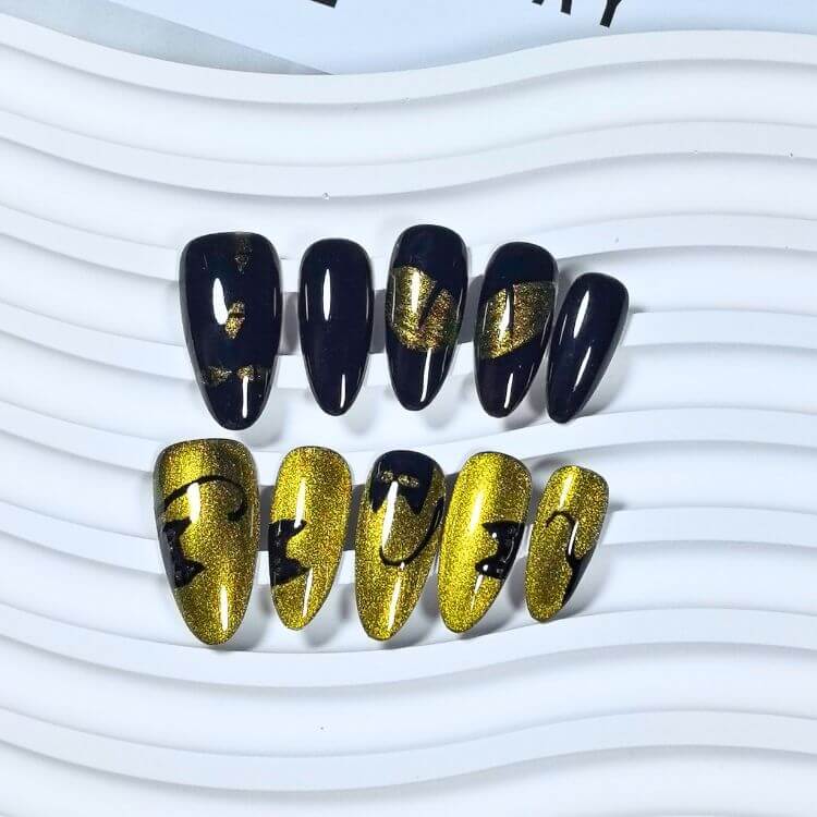 Gold Rush Green Black Cat Eye Almond Press On False Nails