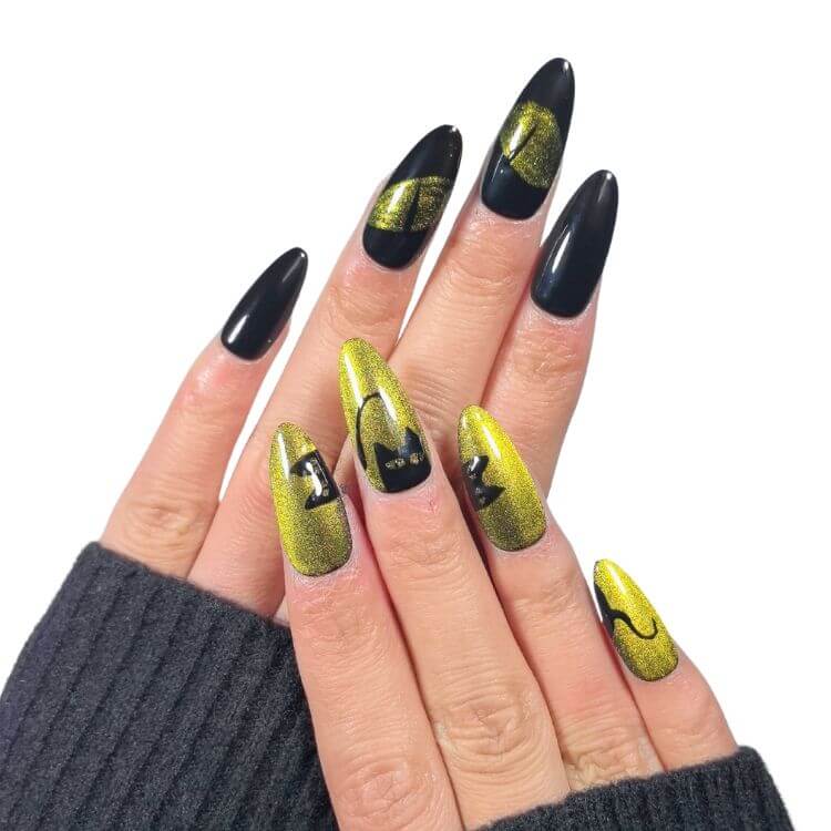 Gold Rush Green Black Cat Eye Almond Press On False Nails