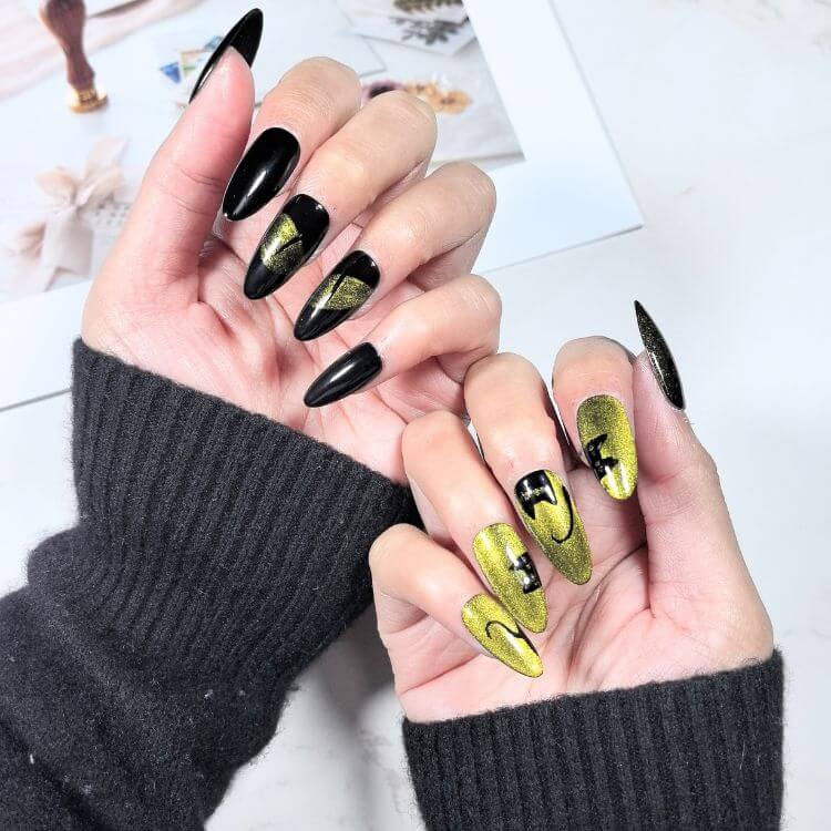 Gold Rush Green Black Cat Eye Almond Press On False Nails