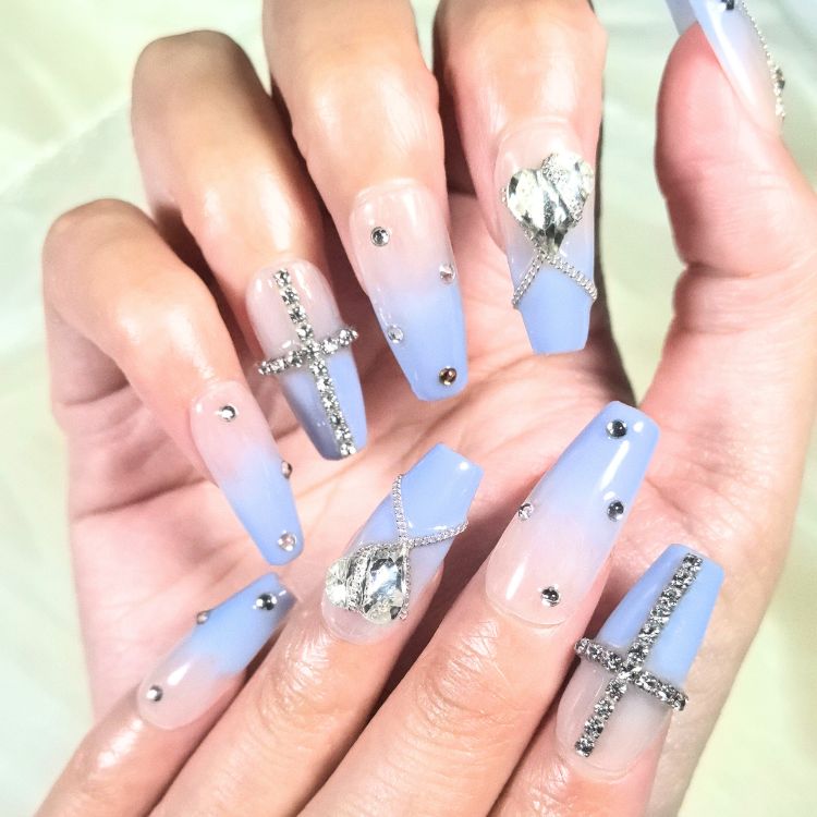 NailBop Icy Prayer Blue Crystal Coffin Press On Fake Nails