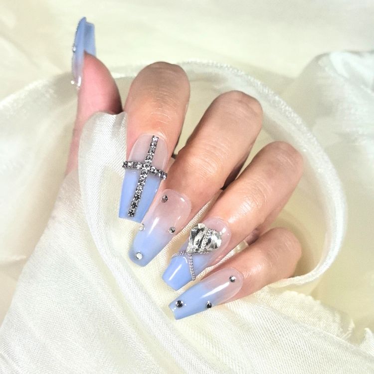 NailBop Icy Prayer Blue Crystal Coffin Press On Fake Nails