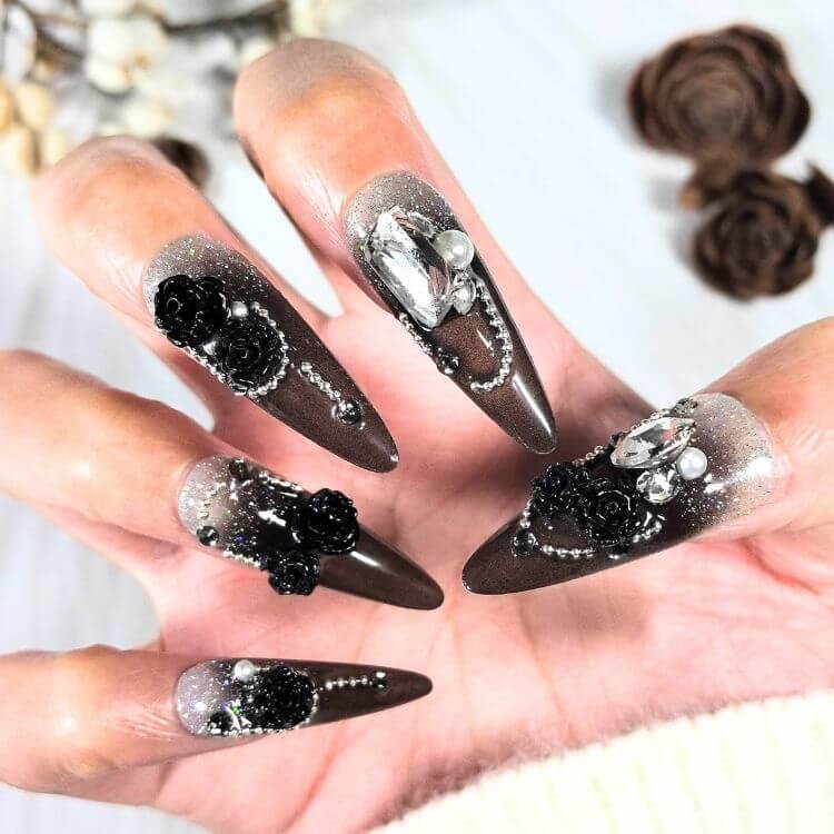 Black NailBop Midnight Rose Flower Press On Fake Nails